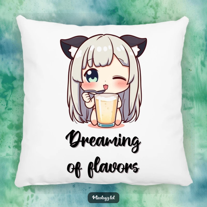 Funny pillow illustrating a character's delighted eyes tasting a drink with a tiny spoon, a comforting funny gift.
