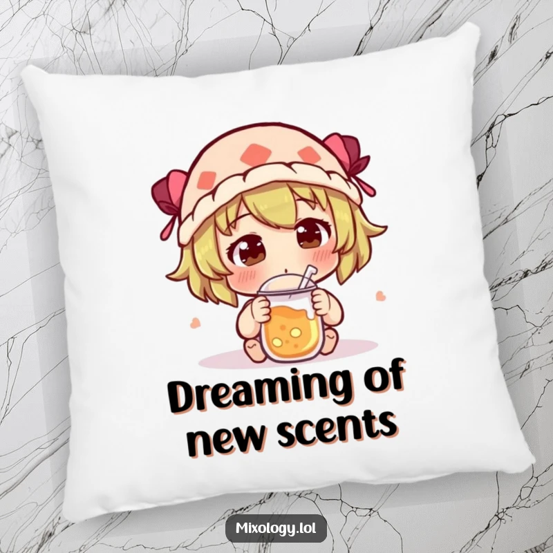 Funny Pillow with a character curiously sniffing a new concoction, exuding intrigue and a soft, humorous vibe.