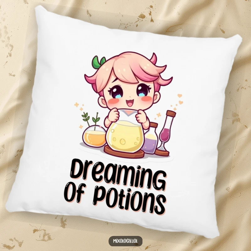Funny character delighted by magical ingredients combining in a beaker, featured on a soft, decorative pillow.