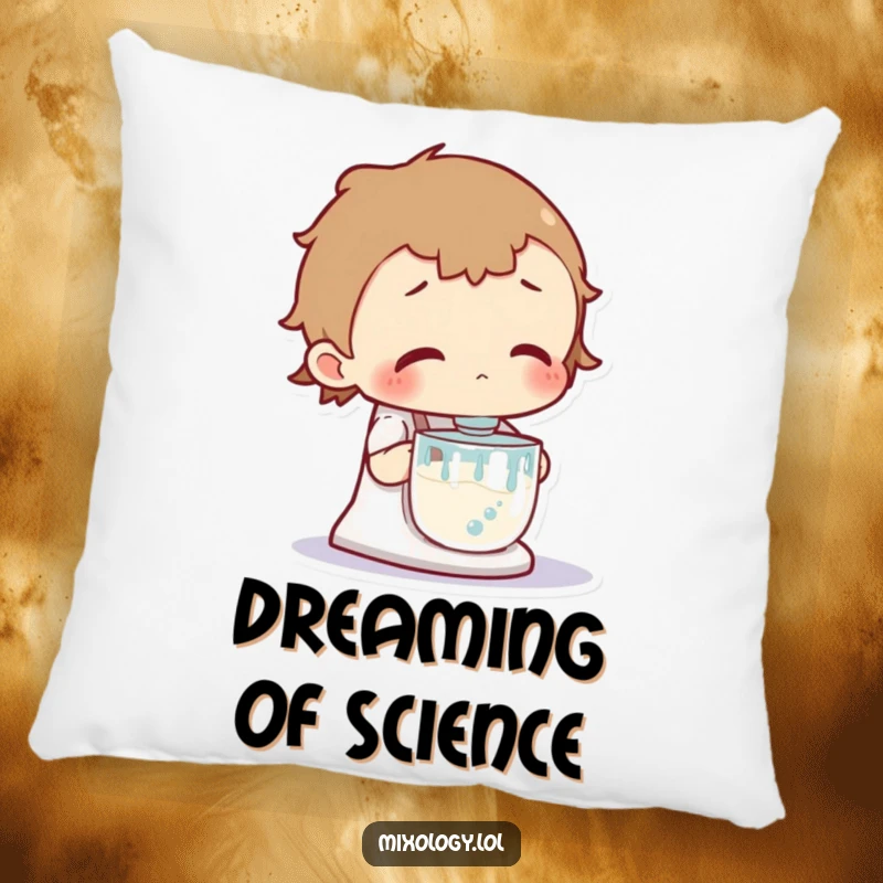 Funny pillow featuring a curious character intensely focused on a bubbling mixer, perfect for adding a whimsical touch to any room.