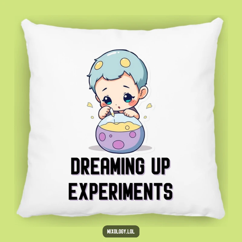 Funny Concoction Pillow: Curious character inspecting bubbling drink, cozy science accent gift.