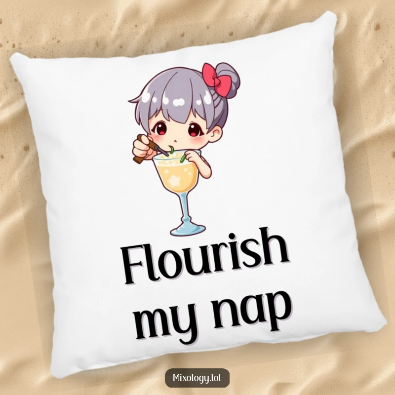 Funny Pillow with a character meticulously garnishing a drink using tiny, flourish-filled movements, adding humorous comfort.