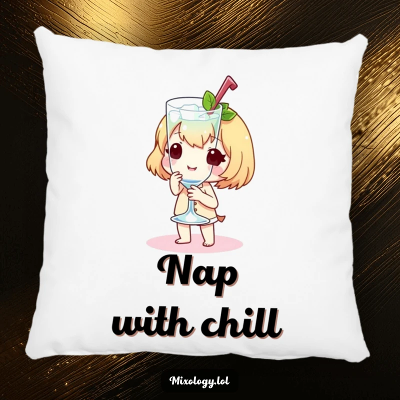 Funny Pillow featuring a sweet little character presenting a perfectly chilled glass with a flourish, adding cool comfort.