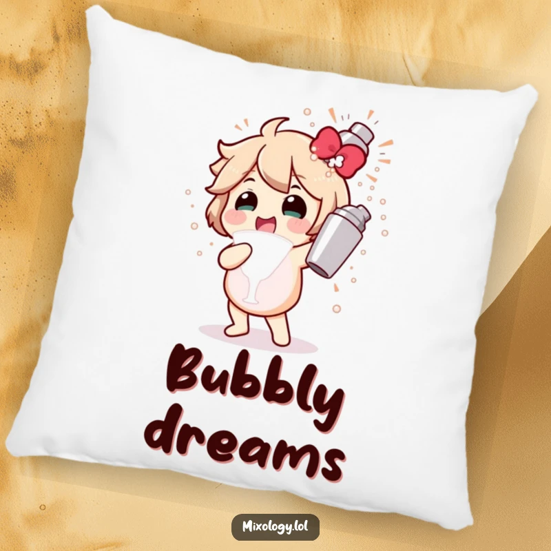 Funny pillow with a character gleefully shaking a cocktail shaker, creating a bubbly explosion, perfect for cozy, fun vibes.