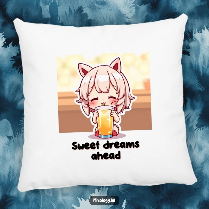 Funny pillow with a cute character experiencing extreme delight while sipping a drink, perfect for cozy, happy vibes.