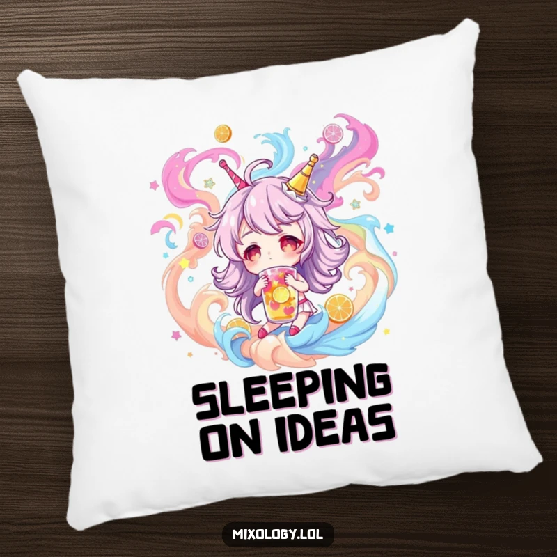Funny Pillow: Soft comfort featuring a character dreaming of magical drinks, perfect for cozying up and inspiring imagination, a great funny gift.
