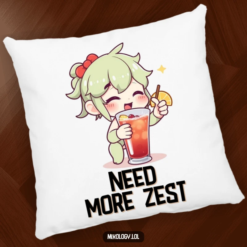 Funny pillow design with an enthusiastic character adding a twist to a drink, offering plush comfort and bar humor.