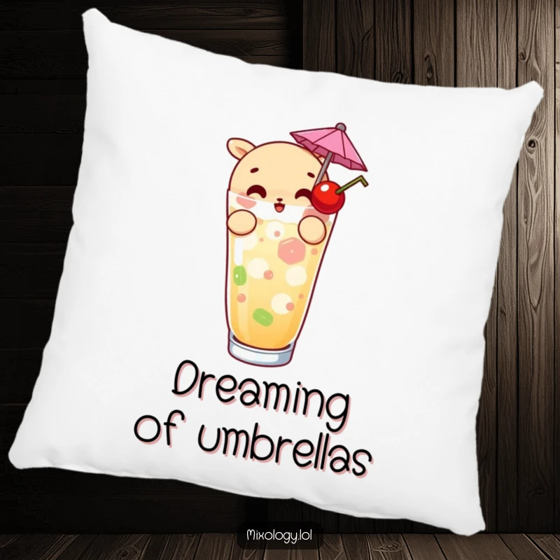 Funny pillow with a curious character garnishing a drink with an umbrella and cherry, bringing comfort and a dose of refined humor.