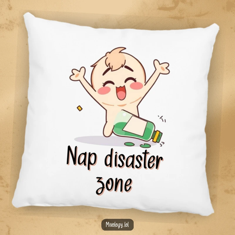 Funny pillow featuring a clumsy character joyfully flailing their arms after accidentally knocking over a bottle, embodying cheerful mishap.