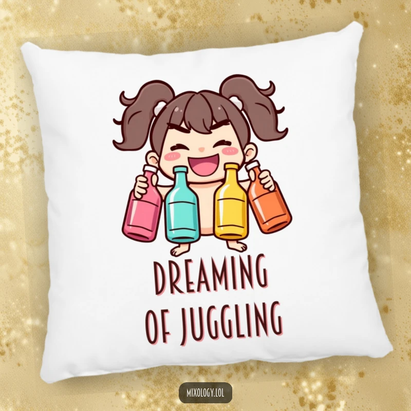 Funny pillow with a joyful character mischievously juggling bottles, bringing comfort and a dose of playful energy to any room.