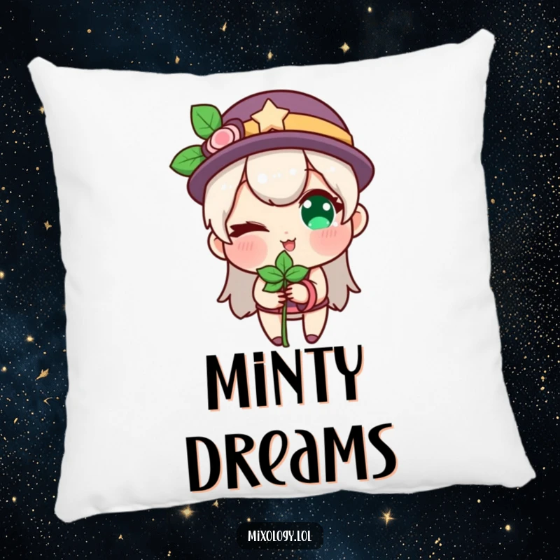 Funny pillow design with a character winking while holding a sprig of mint, offering plush comfort and playful charm.