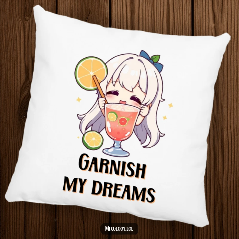 Funny character pillow, joyfully garnishing a drink with fruit, offering comfort and a festive, humorous touch.