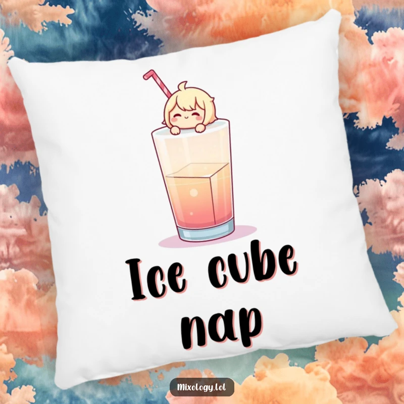 Funny Pillow: Cheerful character floats on a large ice cube in a drink, offering soft comfort and cool humor.