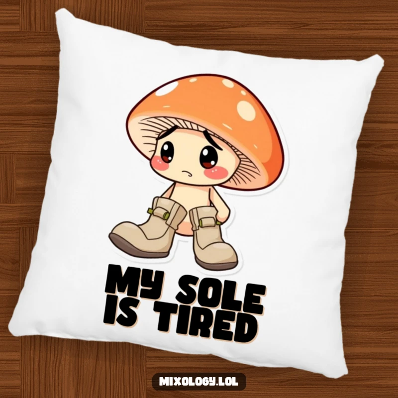 Funny Mushroom Pillow: A soft pillow featuring a confused mushroom character wearing two mismatched boots, bringing whimsy.