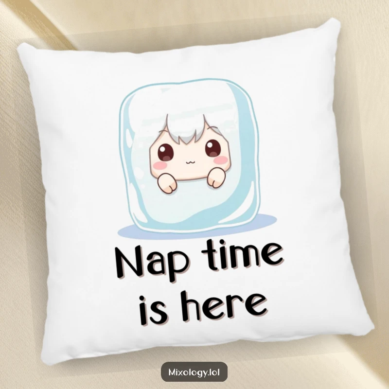 Funny pillow featuring a character humorously concealed behind a large ice cube, with only wide, curious eyes visible, offering comfort and a chuckle.