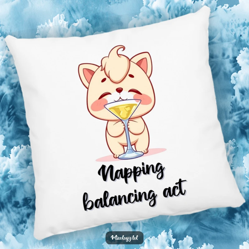 Funny pillow featuring a character with clumsy delight, balancing a cocktail stirrer on their nose, perfect for adding a whimsical touch.