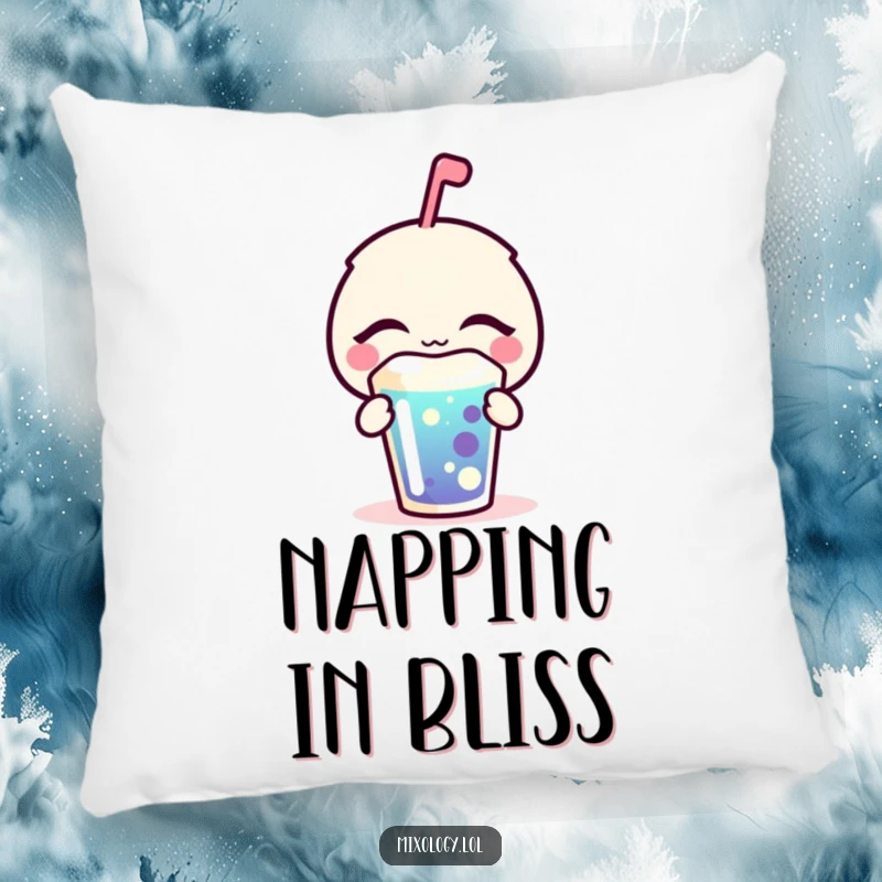 Funny Pillow with a blissfully sipping bubbly icon, eyes closed in enjoyment of a colorful drink, offering comfort and smiles.