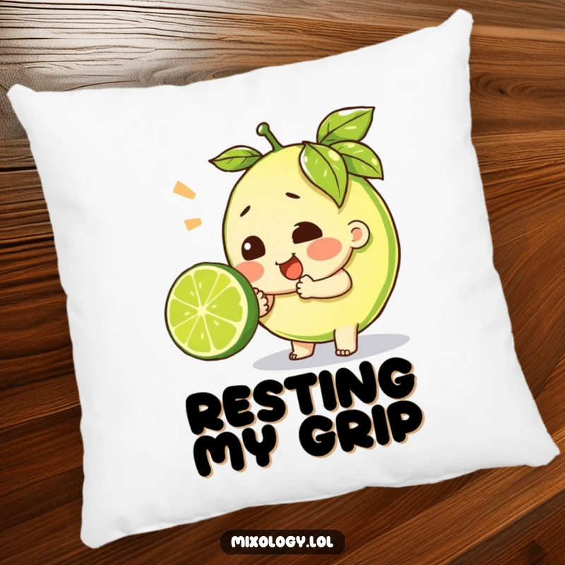 Funny pillow with a character straining to squeeze a lime, offering cozy comfort and a humorous depiction of effort.