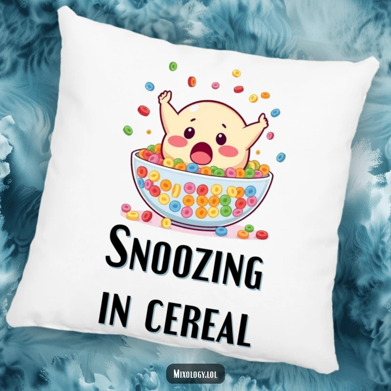 Funny pillow depicting a surprised blob mascot falling headfirst into a large bowl of colorful cereal, adding whimsical humor to any space.