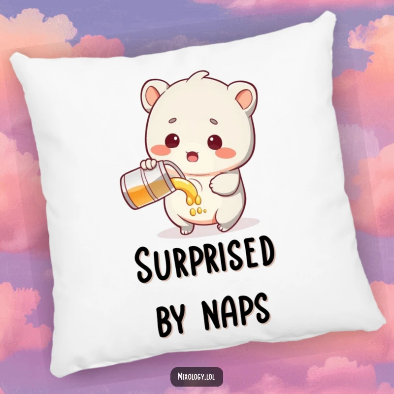 Funny Pillow depicting a sweet creature with a surprised expression while pouring liquid, offering comfort and a good laugh.