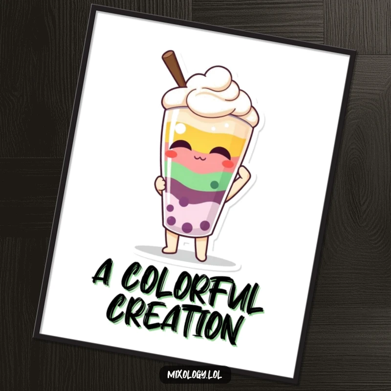 Funny digital art print of a character proudly presenting a colorful, layered beverage, celebrating taste and artistry.