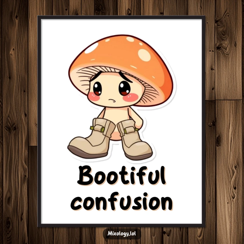Funny Mushroom Digital Art Print: A confused mushroom character wearing two mismatched boots, presented as humorous wall art.