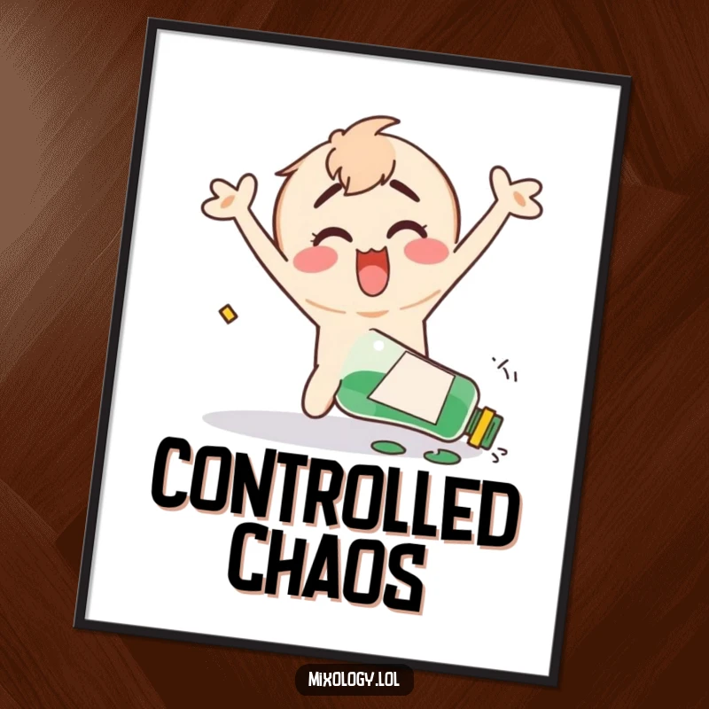 Funny digital art print of a clumsy character happily flailing their arms after knocking over a bottle, embodying cheerful disarray.