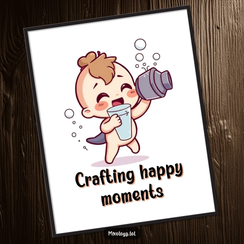 Funny Digital Art Print: A cute character excitedly shaking a cocktail shaker, creating frothy bubbles, symbolizing festive fun.