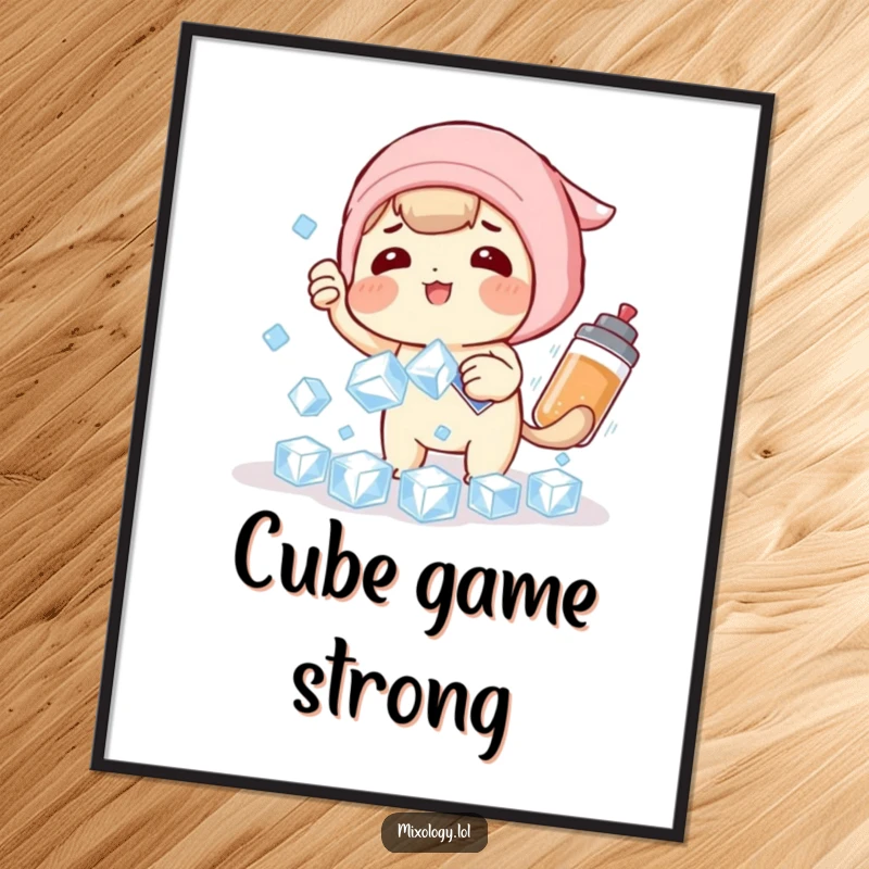 Funny Digital Art Print: Playful character comically tries to catch falling ice cubes with a shaker, instant humorous decor.