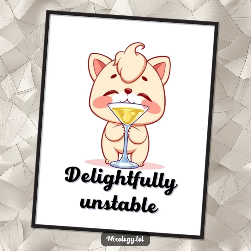 Funny digital art print of a character with clumsy delight, precariously balancing a cocktail stirrer on their nose, conveying joyful instability.