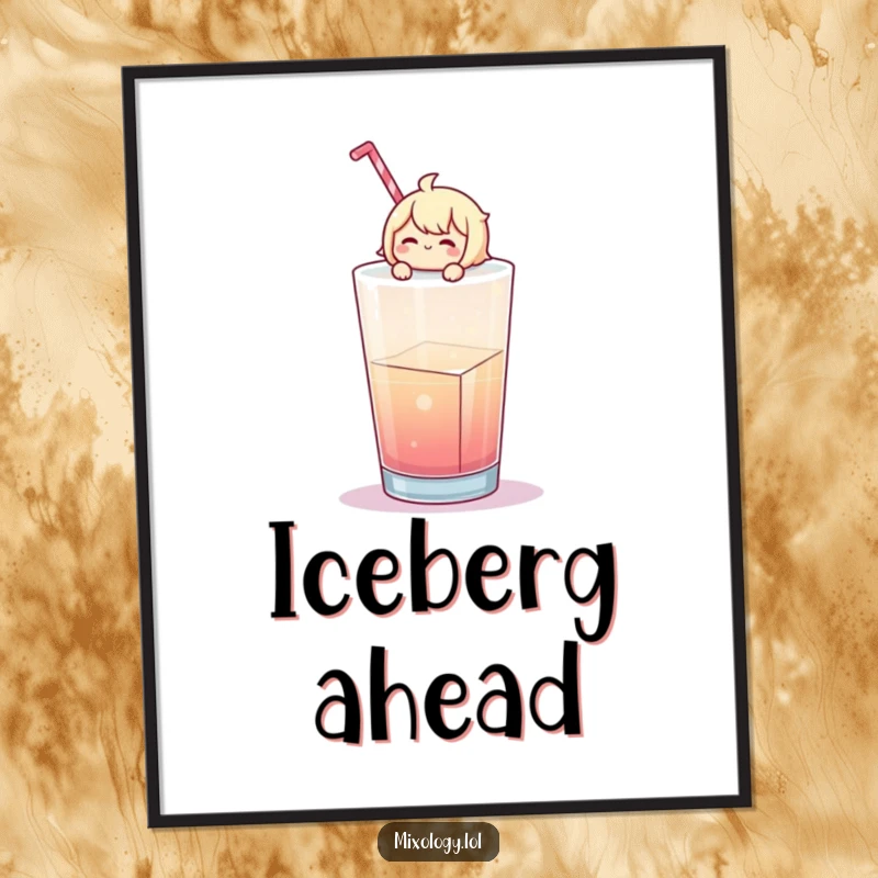 Funny Digital Art Print: Cheerful character floats on a giant ice cube in a drink, instant serene humorous decor.