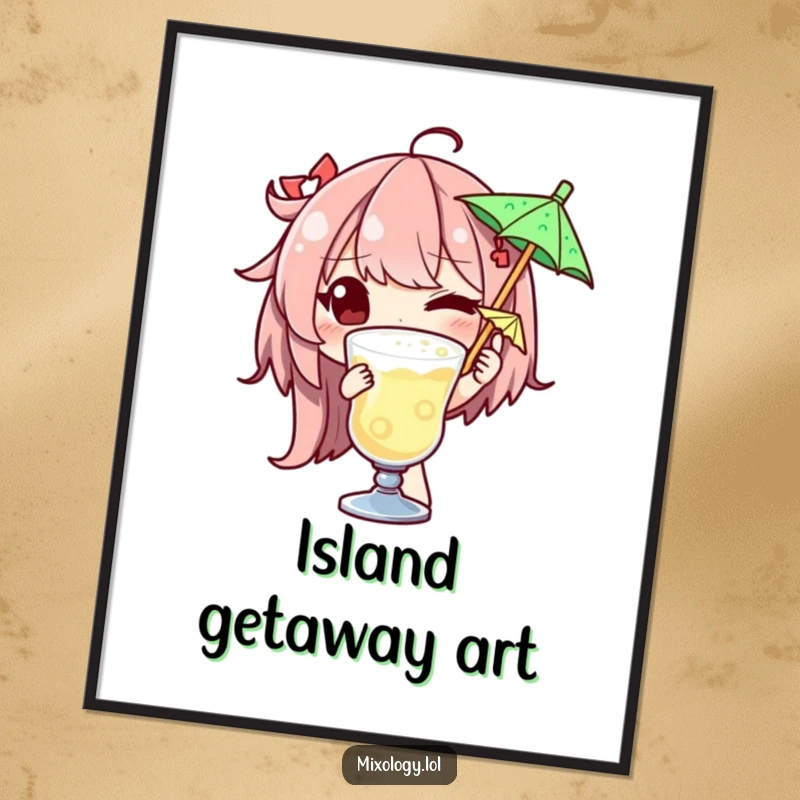 Funny digital art print of a winking character expertly garnishing a drink with a tiny umbrella, capturing a moment of stylish fun.