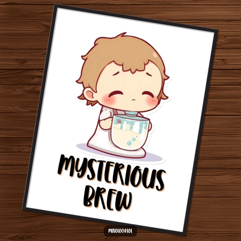 Funny digital art print of a curious character intently observing a vigorously bubbling mixer, conveying a sense of wonder and fascination.