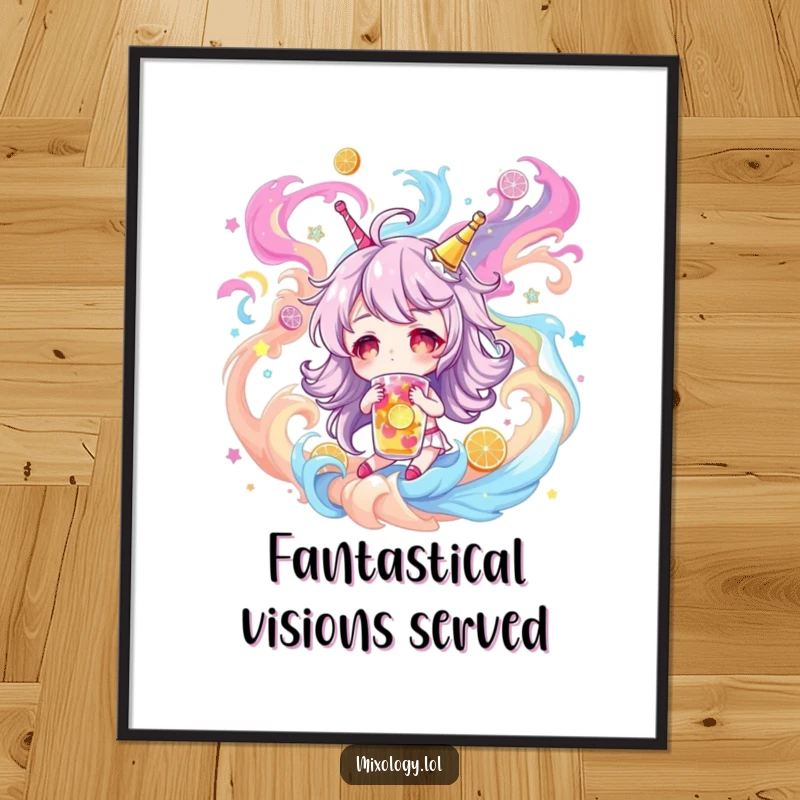 Funny Digital Art Print: Character dreaming of magical drinks in a colorful swirl, perfect for imaginative wall decor, a versatile and funny gift.