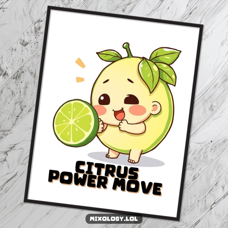 Funny digital art print of a character straining to squeeze a lime, perfect for humorous kitchen or bar wall decor.