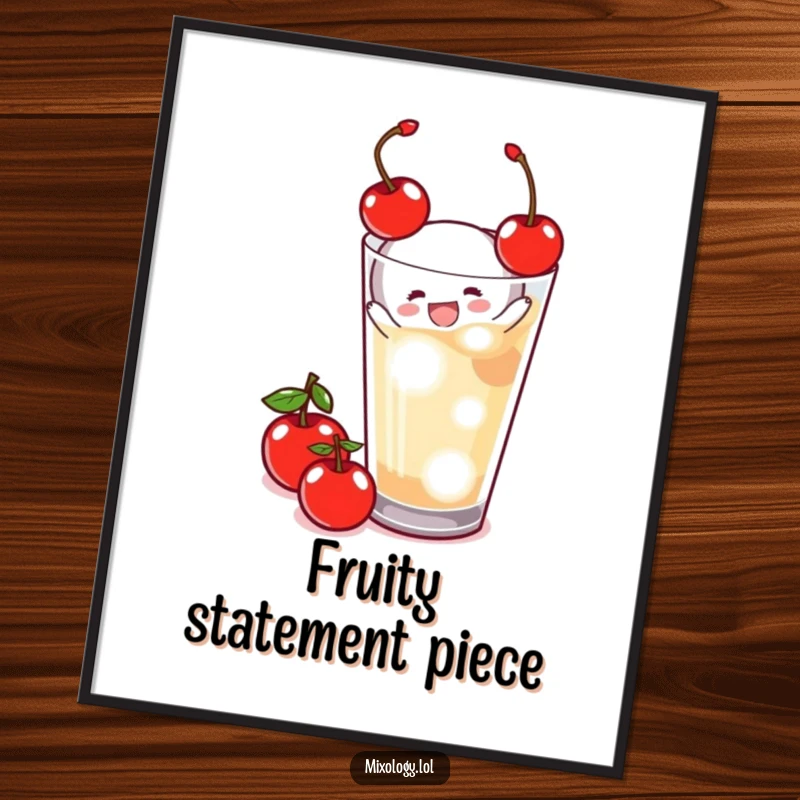 Funny Digital Art of a tiny figure joyfully garnishing a drink with a cherry, a vibrant and humorous piece for any wall.