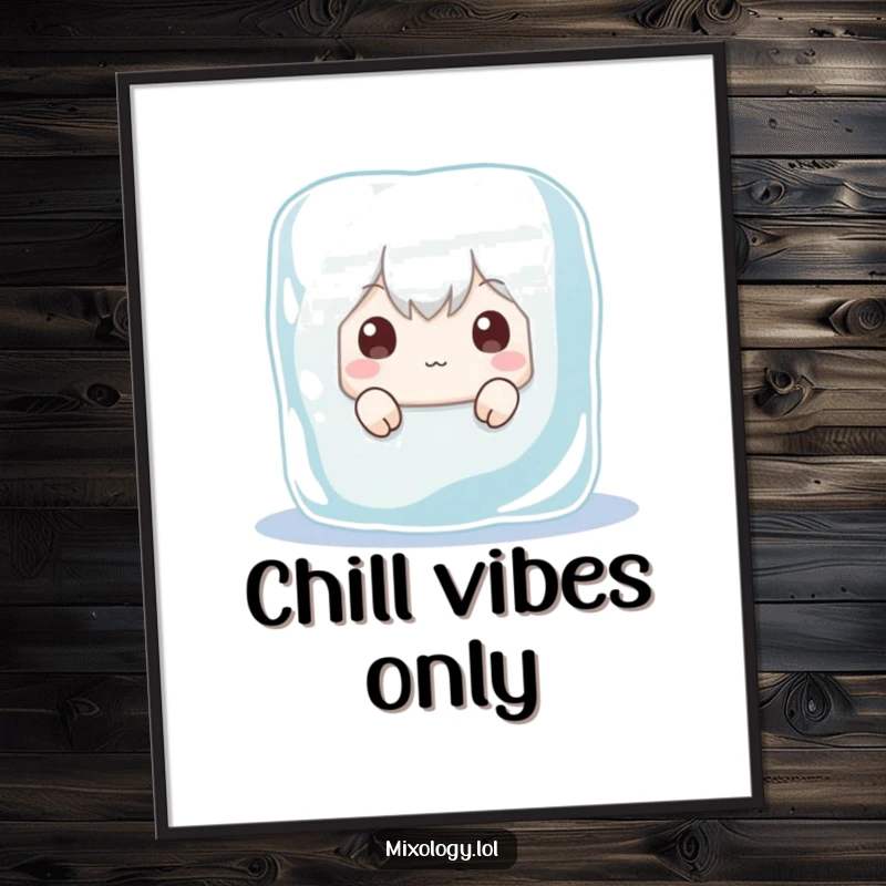 Funny digital art print of a character hiding behind a giant ice cube, peering out with wide, humorous eyes, ready to bring laughter.