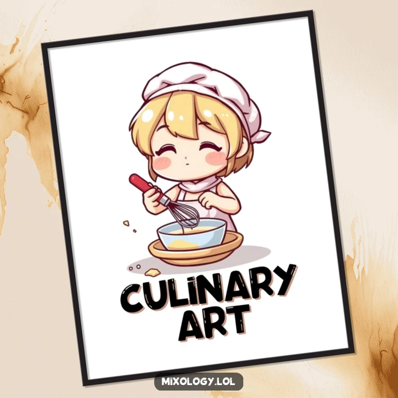 Funny digital art print of a character mixing ingredients with a small whisk, perfect for instant, charming kitchen decor.