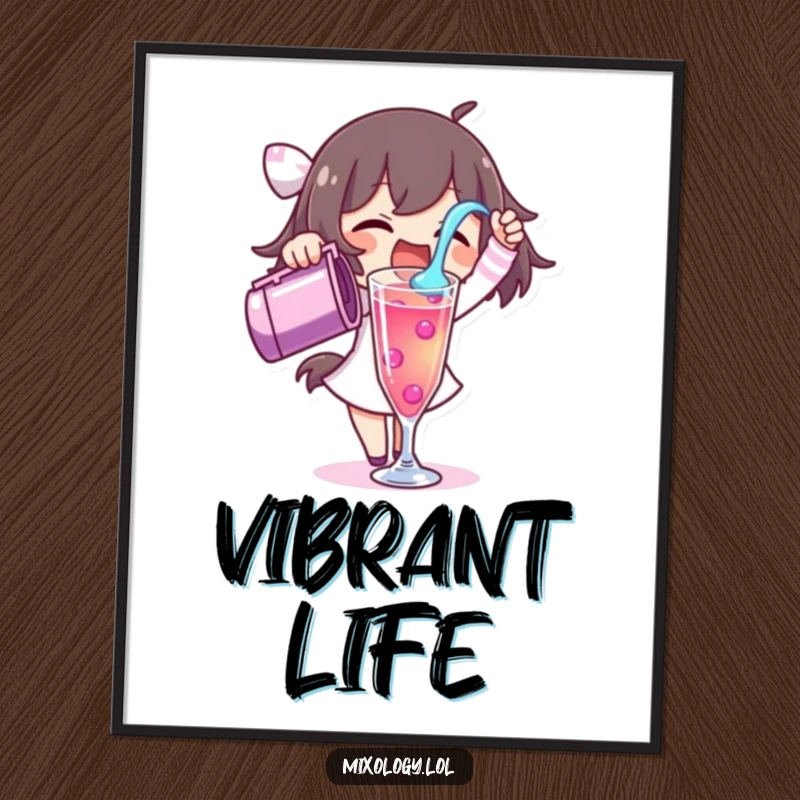 Funny digital art print of a character excitedly pouring a vibrant liquid into a tall glass, capturing energetic drink creation.