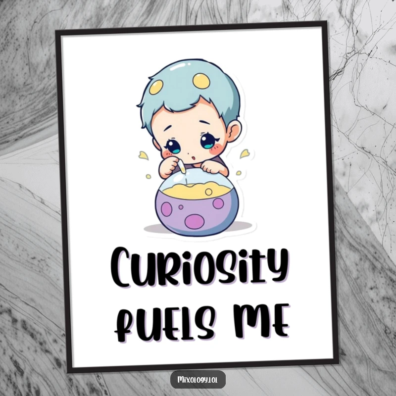 Funny digital art print of a curious character, engrossed in inspecting a vibrant, bubbling concoction with a magnifying glass.