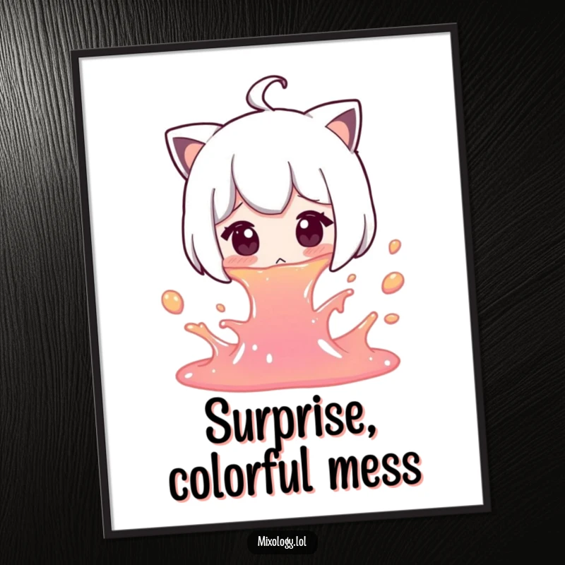 Funny Spill Digital Art: A character reacts with a surprised gasp while accidentally spilling vibrant, colorful liquid.