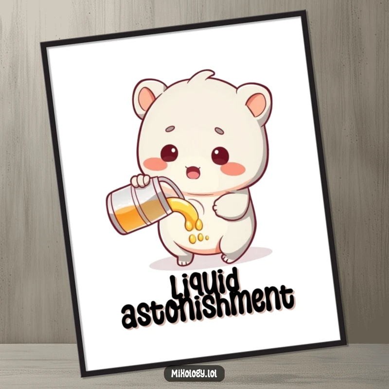 Funny Digital Art of a sweet creature with a surprised expression while pouring liquid, a charming and humorous piece for walls.