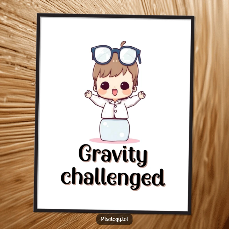 Funny Digital Art Print showing a character with wide, delighted eyes, balancing a precarious tower of drinking glasses, ready to be framed.