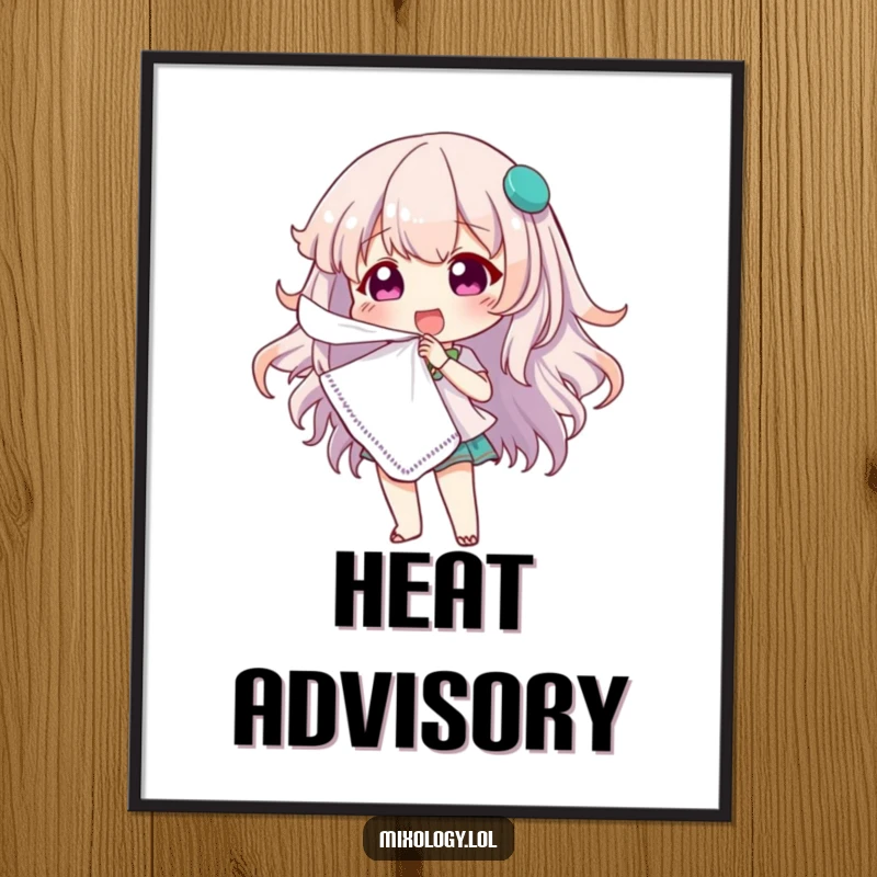 Funny digital art print featuring a cute character dramatically fanning themselves with a cocktail napkin, perfect for humorous wall decor.