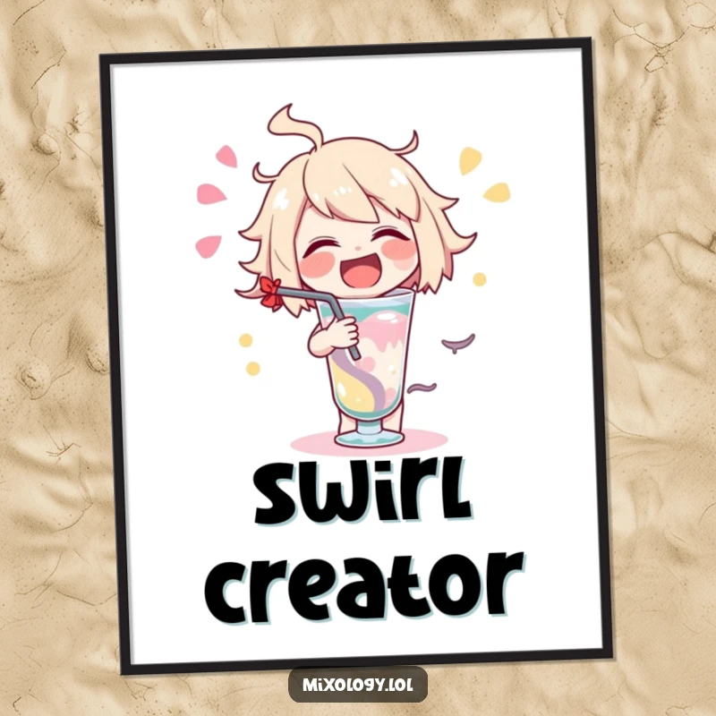 Funny delighted character digital art print showing a character stirring a drink with an exaggerated swirl.