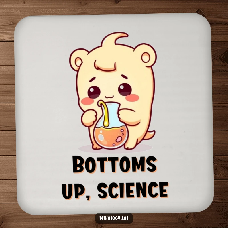 Funny drink coaster with a surprised kawaii scientist character comically pouring liquid from a beaker, offering surface protection with humor.