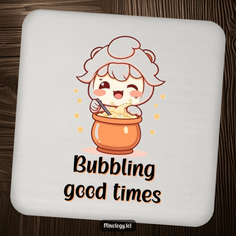 Funny drink coaster with a delighted kawaii character stirring a bubbling potion, adding a cute magical touch.
