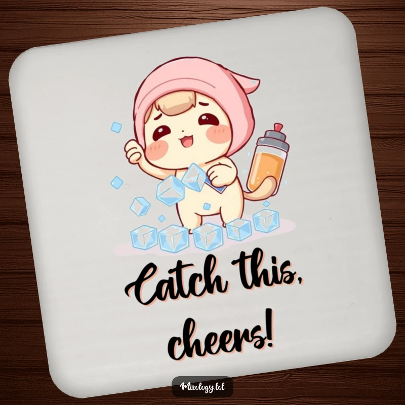 Funny Drink Coaster: Playful character humorously tries to catch falling ice cubes with a shaker, protecting furniture with humor.