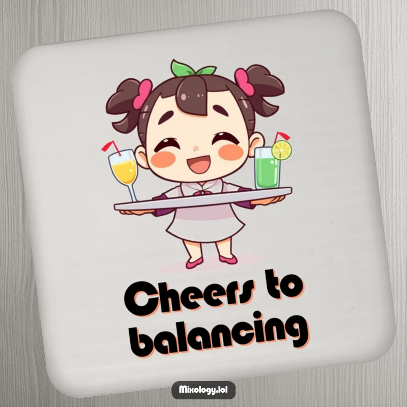 Funny character drink coasters, balancing a tray of drinks with a grin, offering stylish protection with humorous flair.