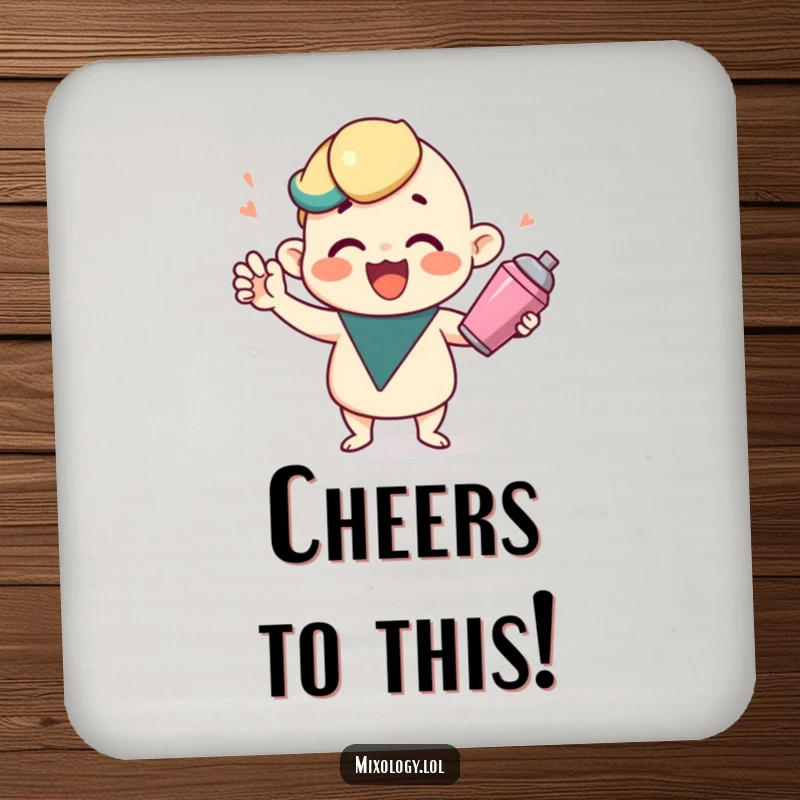 Funny drink coasters with a cute character shaking a cocktail shaker, offering protection with festive humor.